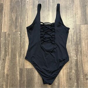 SHEIN Women’s Swimwear Black One Piece Lace Up Back BathingSuit Size S